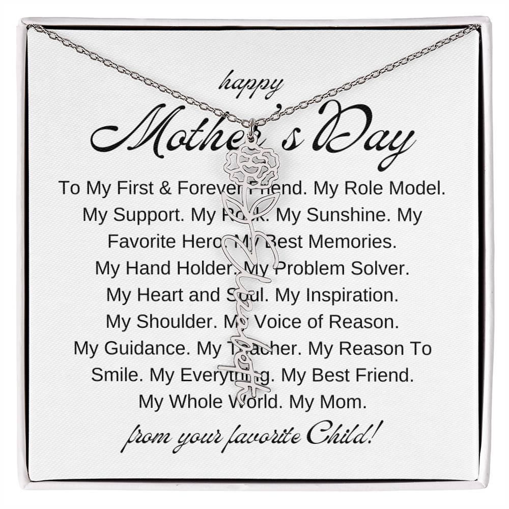 Mothers Day Vertical Name Necklace with Birth Flowers